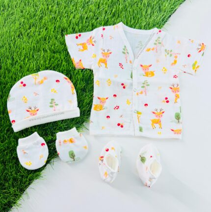Premium Muslin Baby Set Muslin Half Sleeves Jabla & Muslin Mittens booties cap set)