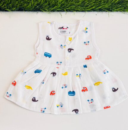 Muslin Cotton White Printed Frock for Girls | Soft & Comfortable Casual Wear